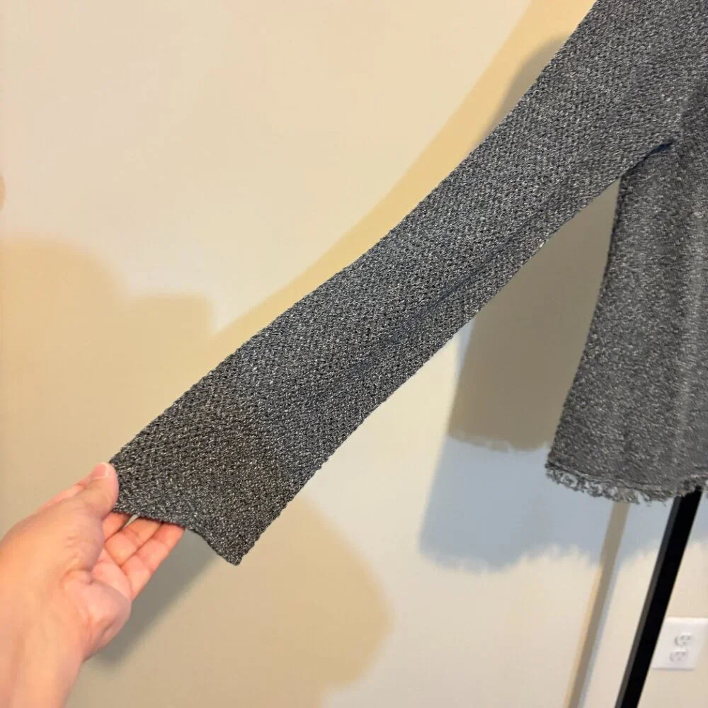 Eileen Fisher Linen Cotton Knit Snap Front Long Sleeve Fringe Cardigan Gray - Picture 5 of 8